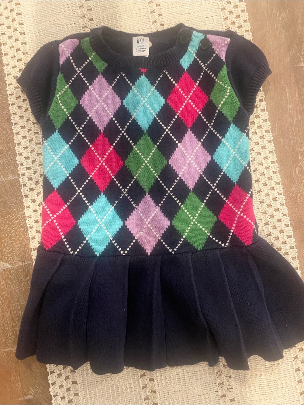 GAP Navy Argyle Knit Dress with Teal Pink Green Purple Diamonds